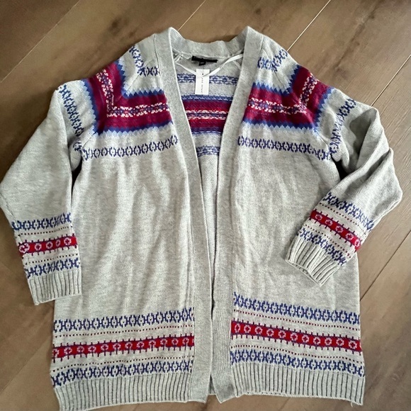 Lane Bryant Open Front Fair Isle Cardigan 14/16 Gray Red Metallic Thick Knit NWT - Picture 10 of 16